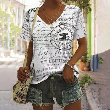Винтажные черно-белые женские футболки с буквенным принтом, женский топ с v-образным вырезом, рубашка больших размеров, летняя женская одежда, повседневная одежда S