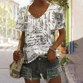 Винтажные черно-белые женские футболки с буквенным принтом, женский топ с v-образным вырезом, рубашка больших размеров, летняя женская одежда, повседневная одежда S