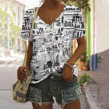 Винтажные черно-белые женские футболки с буквенным принтом, дизайн, женский топ с V-образным вырезом, рубашка больших размеров, летняя женская одежда, повседневная XS