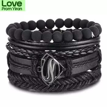 Винтажные черные браслеты из бисера для мужчин, модные полые треугольные кожаные браслеты и браслеты, многослойные широкие ювелирные изделия