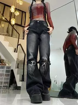 Винтажные черные готические мешковатые джинсы Y2k в стиле панк для женщин 2000-х годов с высокой талией, модные широкие джинсовые брюки, женские повседневные корейские брюки большого размера 90-х годов S чёрный