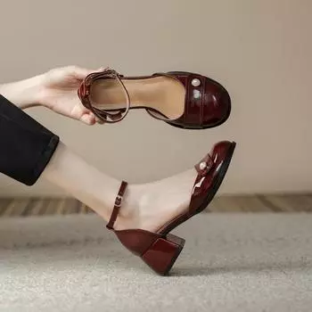 Винтажные черные сандалии Mary Janes, женские, с пряжкой, нескользящие, повседневные, средние каблуки, офисные, женские, однотонные, элегантные, корейские, лето 2024 г. 34 красный