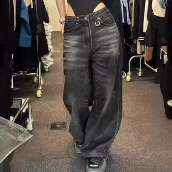 Винтажные черные широкие джинсы женские большие уличные корейские модные мешковатые джинсовые брюки гранж Y2k женский хип-хоп XXXXL чёрный