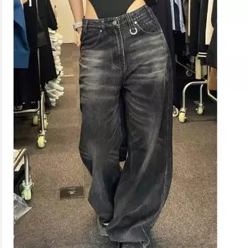 Винтажные черные широкие джинсы женские большие уличные корейские модные мешковатые джинсовые брюки гранж Y2k женский хип-хоп XXXXL чёрный