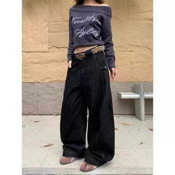 Винтажные черные широкие джинсы женские свободные уличные корейские модные мешковатые джинсовые брюки Y2k женские хип-хоп S синий