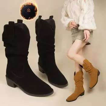 Винтажные черные замшевые ковбойские сапоги для женщин на блочном каблуке, ботильоны женские, осень-зима, плиссированные, рыцарские сапоги женские 35 чёрный