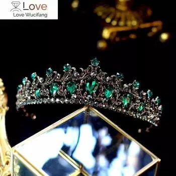 Винтажные черные, зеленые, хрустальные свадебные диадемы в стиле барокко, короны, пышная диадема, вуаль со стразами, тиара, повязки на голову, свадебные аксессуары для волос Approximately 14cm
