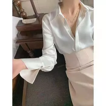 Винтажные черные женские рубашки, атласные блузки с длинными рукавами на пуговицах, элегантная офисная женская одежда, женская одежда, топы, корейская мода S белый