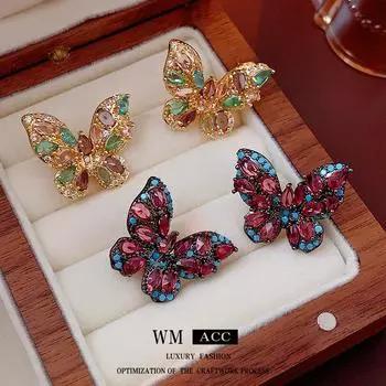 Винтажные цветные серьги-бабочки с серебряными иглами и цирконием, персонализированные модные серьги, легкая роскошь и элитные серьги 2#