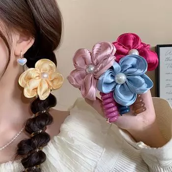 Винтажные цветочные эластичные резинки для детей, детские телефонные проволочные резинки для волос, спиральные резинки для волос, веревки для волос, хвост, аксессуары для волос