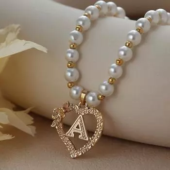 Винтажные цветочные буквы сердечки кулон ожерелья для женщин роскошные искусственные жемчужные цепочки ожерелья корейские ювелирные изделия подарки A золотой