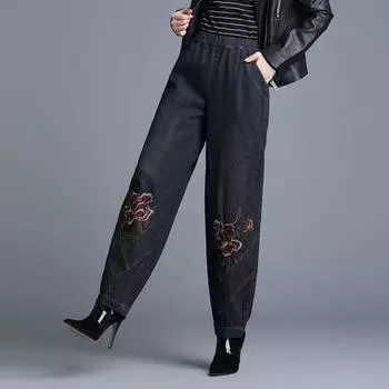 Винтажные цветочные вышитые джинсовые брюки женские осенне-зимние с высокой талией женские брюки свободные повседневные шаровары S чёрный