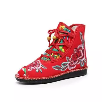 Винтажные цветочные вышитые женские парусиновые сапоги со скрытым каблуком-танкеткой женские туфли на платформе удобные ботильоны ретро-лодочки de Mujer 34