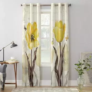 Винтажные цветы, бабочки, желтые тюльпаны, современные оконные шторы для гостиной, спальни, кухонные шторы, шторы 135W x 60H(cm) x1