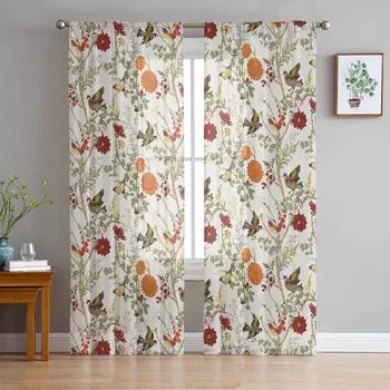 Винтажные цветы, птицы, бабочки, травянистые растения, прозрачные занавески, современные марлевые занавески для гостиной, спальни, вуалевые занавески из пряжи W135 x H114cm