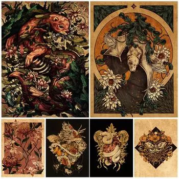 Винтажные цветы, птицы, животные, змеи и летучие мыши, настенная живопись на холсте, декоративный постер и принты для декора гостиной, без рамки 21*30cm No Frame