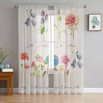 Винтажные цветы травянистые растения льняная текстура тюлевые шторы для гостиной кухни прозрачная вуаль занавеска для спальни оконные панели 135W x 114H(cm)