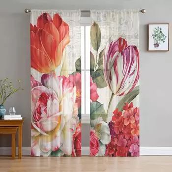 Винтажные цветы тюльпаны картина маслом оконные шторы прозрачный шифоновый тюль занавеска для дома гостиная фон украшение 135W x 114H(cm)