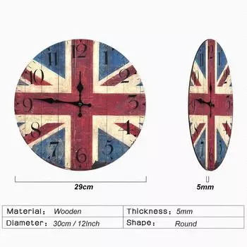 Винтажные деревянные настенные часы Модные флаги Часы Шебби-шик Гостиная Домашний декор Круглые подвесные настенные часы Британский стиль 12 inch разноцветный