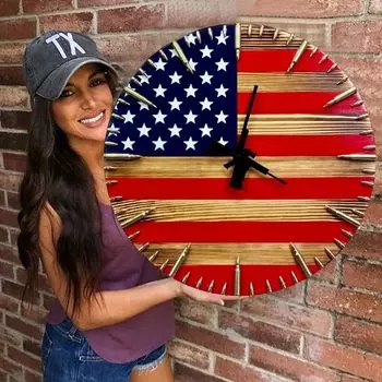 Винтажные деревянные настенные часы с американским флагом, антикварные военные аналоговые декоративные настенные часы, патриотический дизайн, настенные художественные настенные часы в стиле милитари A