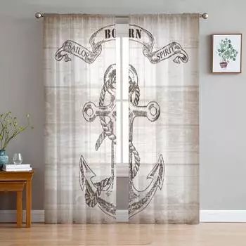 Винтажные деревянные прозрачные шторы с якорем для гостиной, прозрачные тюлевые занавески для окон, спальни, кухни, домашний декор, вуаль, шторы 135W x 114H(cm)