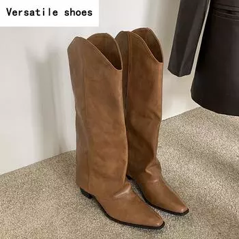 Винтажные дизайнерские женские сапоги до колена, модные рыцарские длинные сапоги, уличные женские лаконичные туфли на квадратном каблуке 35