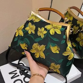 Винтажные дизайнерские женские сумки на ремне с цепочкой, клатчи через плечо, свадебный замок, дизайнерские сумки с фиолетовым желтым цветком жёлтый