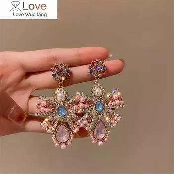 Винтажные длинные кисточки барочные розовые хрустальные серьги для женщин бант жемчужные висячие серьги заявление ювелирные изделия подарок