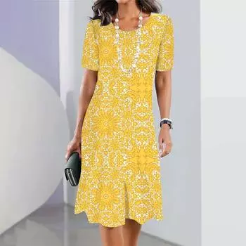 Винтажные длинные платья с круглым вырезом и 3D-цветочным принтом, летние женские повседневные длинные юбки с коротким рукавом, Vestidos для женщин, повседневная одежда S