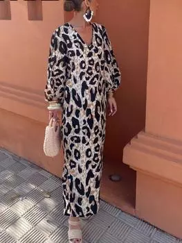 Винтажные длинные платья с леопардовым принтом и v-образным вырезом, женские элегантные свободные уличные платья с длинными рукавами, женское шикарное пляжное платье с разрезом XXL цветной печати леопарда