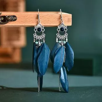 Винтажные длинные серьги-перья, серьги с рисунком в стиле бохо, серьги для путешествий в отпуске темно-синий
