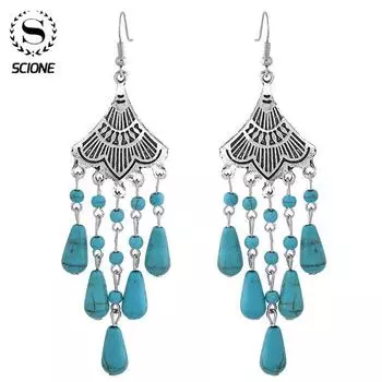 Винтажные длинные серьги с кисточками в богемном стиле, серьги-капли из сплава с каплями воды, этнические бирюзовые серьги-капли синий