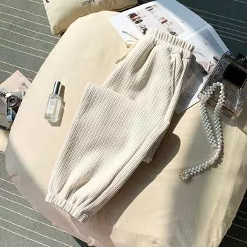 Винтажные длинные уличные брюки женские осенне-зимние свободные бархатные повседневные вельветовые брюки элегантные спортивные штаны-фонарики S бежевый