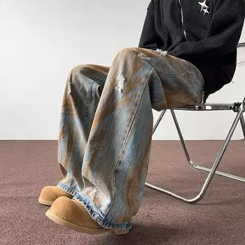 Винтажные джинсовые брюки с дырочками, женские свободные джинсовые брюки с высокой талией, женские повседневные женские прямые брюки S синий