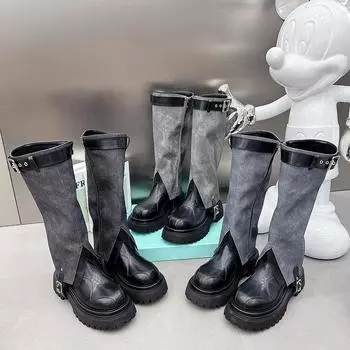 Винтажные джинсовые женские сапоги до колена в стиле вестерн, модные туфли с пряжкой на ремне, осень-зима, женские длинные сапоги на платформе и каблуке в рыцарском стиле 35