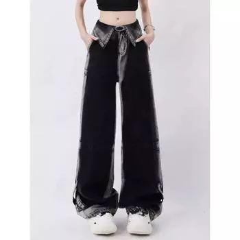 Винтажные джинсы Harajuku Женская одежда для подростков Y2k Женские брюки Модная эстетическая одежда Осенние мешковатые брюки S чёрный