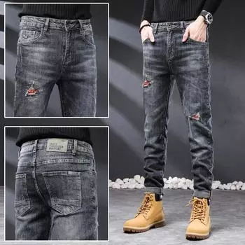 Винтажные джинсы, прямые брюки для мужчин с рваными дырками, высококачественные облегающие эластичные джинсы High Street для мужчин 28