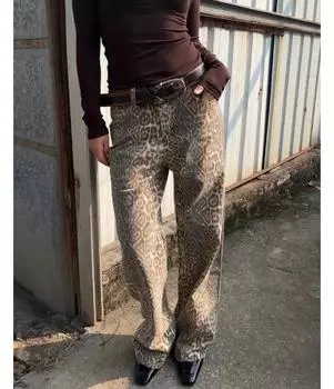 Винтажные джинсы с леопардовым принтом, мешковатые женские уличные джинсы в стиле хип-хоп, джинсовые брюки Y2k, гранж-эстетичные широкие джинсы большого размера S