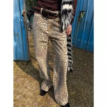 Винтажные джинсы с леопардовым принтом, мешковатые женские уличные джинсы в стиле хип-хоп, джинсовые брюки Y2k, гранж-эстетичные широкие джинсы большого размера S