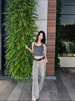 Винтажные джинсы с леопардовым принтом, мешковатые женские уличные джинсы в стиле хип-хоп, джинсовые брюки Y2k, гранж-эстетичные широкие джинсы большого размера S