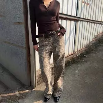 Винтажные джинсы с леопардовым принтом в стиле хип-хоп, уличные прямые брюки, широкие брюки свободного дизайна XXXL леопардовый