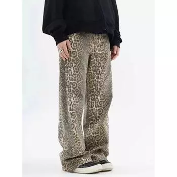 Винтажные джинсы с леопардовым принтом, женские весенние оверсайз, повседневные хип-поп, широкие брюки, трендовые джинсовые брюки с высокой талией, пантеры, женские M