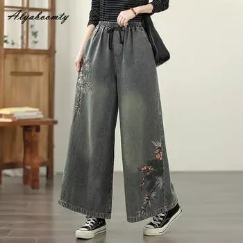 Винтажные джинсы с широкими штанинами для женщин на весну-осень, с высокой посадкой, больших размеров, с нежной вышивкой, джинсовые брюки, мешковатые, мягкие, элегантные One Size