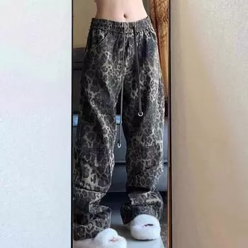Винтажные джинсы с широкими штанинами с леопардовым принтом для женщин, модные новые прямые повседневные джинсы в стиле хип-хоп для женщин с высокой талией, элегантные джинсы 25107 S