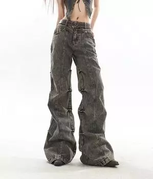 Винтажные джинсы Y2K, женские джинсы в американском стиле со складками по бокам, потертые джинсовые брюки, брюки High Street в стиле хип-хоп M