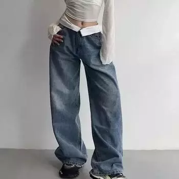 Винтажные джинсы Y2k, женские мешковатые уличные джинсы Kpop Gyaru, широкие синие джинсовые брюки Harajuku, корейские модные джинсы Acubi с высокой талией S синий