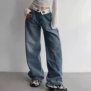 Винтажные джинсы Y2k, женские мешковатые уличные джинсы Kpop Gyaru, широкие синие джинсовые брюки Harajuku, корейские модные джинсы Acubi с высокой талией S синий