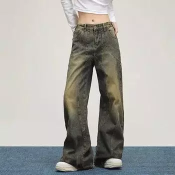 Винтажные джинсы желтого цвета грязи с высокой талией, женские прямые мешковатые джинсовые брюки в стиле ретро 90-х годов, женские уличные брюки Y2k, повседневные широкие брюки S дубильная кора