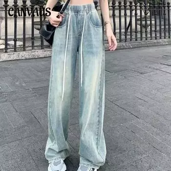 Винтажные джинсы Женщины шнурки с прямыми брюками драпированные брюки с широкими брюками с широкими брюками S синий