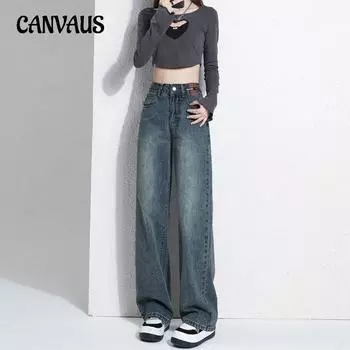 Винтажные джинсы, женские брюки, весенне-осенние шикарные свободные прямые брюки с высокой талией S чёрный